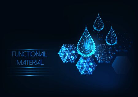 Futuristic functional material concept with glowing low polygonal water drops and hexagonal materialのイラスト素材