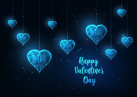 Futuristic Happy Valentines Day greeting card with glowing low poly hanging hearts on dark blue.のイラスト素材
