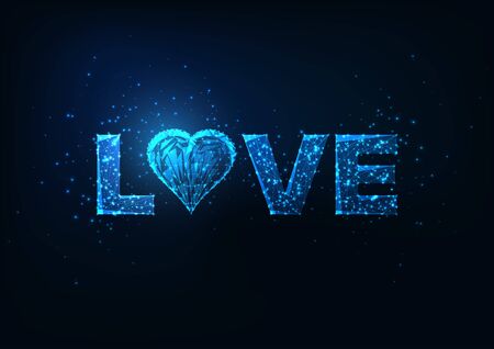 Valentine day banner glowing low polygonal word love with heart symbolのイラスト素材