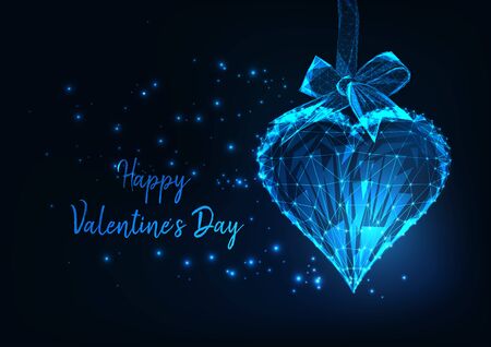 Happy Valentines Day greeting card with glowing low polygonal heart hanging on a gift ribbonのイラスト素材