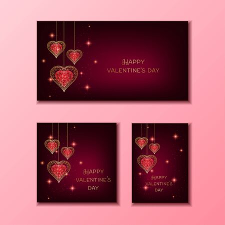 Happy Valentines Day banner set with red and golden glowing low polygonal hanging hearts and stars on dark red background. Modern wire frame mesh design vector illustration.のイラスト素材