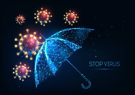 Futuristic covid-19 coronavirus disease protection concept with glowing low polygonal virus cells and umbrella on dark blue background. Immune system defence. Modern wire frame mesh design vectorのイラスト素材