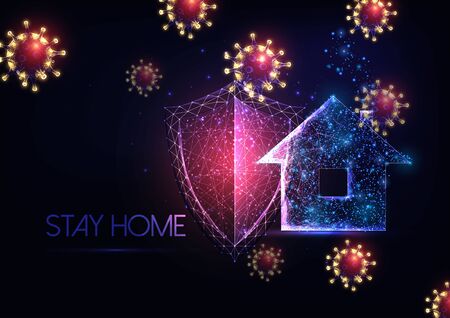 Futuristic stay at home during coronavirus outbreak concept with glowing low polygonal virus cells, protection umbrella and residential house isolated on dark blue background. Lockdown and quarantine concept.のイラスト素材