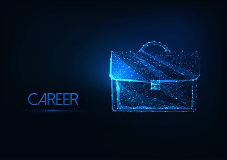 Futuristic business career concept with glowing low polygonal brief case on dark blue background.のイラスト素材