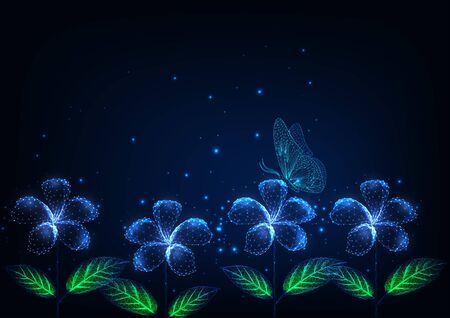 Futuristic glowing low polygonal beautiful flowers and butterfly at night landscapeのイラスト素材