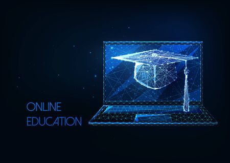 Futuristic online education, distance learning concept with glowing low polygonal graduation cap and laptopのイラスト素材