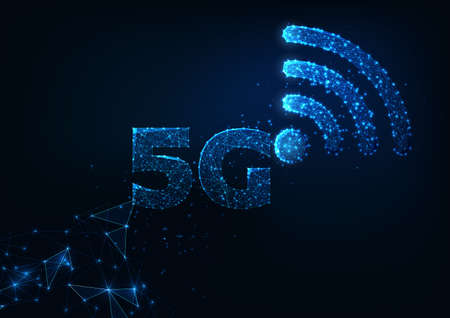 Futuristic 5g wireless internet connection innovative technologies concept with glowing low polygonal 5g an WiFi symbols in dark blue background. Modern wire frame mesh design vector illustration.のイラスト素材