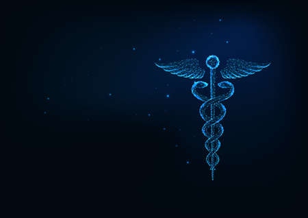 Futuristic glowing low polygonal Caduceus medical symbol with wings, rod and snakes isolated on dark blue background. Modern wire frame mesh design vector illustration.のイラスト素材