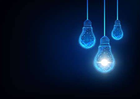 Futuristic idea, innovation, creative solution concept with glowing low polygonal light bulbs on dark blue background. Modern wireframe mesh design vector illustration.のイラスト素材