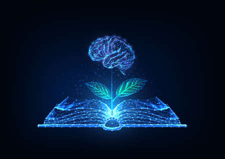 Futuristic knowledge, education, creativity concept with glowing low polygonal open book and plat with brain as a flower on dark blue background. Modern wire frame mesh design vector illustration.のイラスト素材