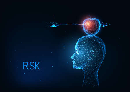 Futuristic risk management, business concept with glowing low polygonal head with apple and arrowのイラスト素材