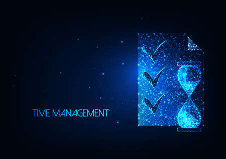 Futuristic time management concept with glowing low polygonal hourglass and planning list documentのイラスト素材