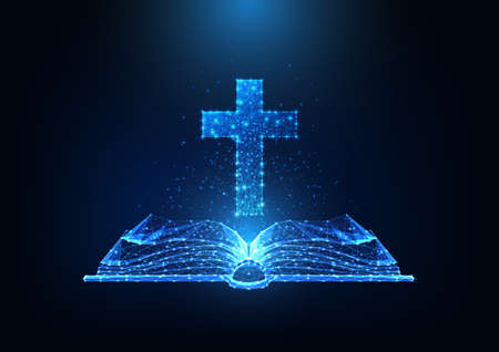 Futuristic Christianity worship concept with glowing low polygonal open bible and Christian crossのイラスト素材