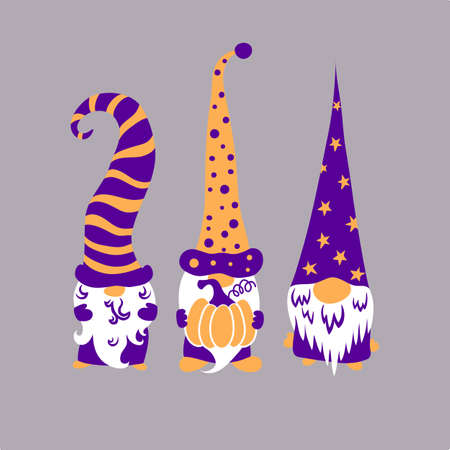 Three cute scandinavian halloween gnomes holding pumpkin isolated on grey background.のイラスト素材