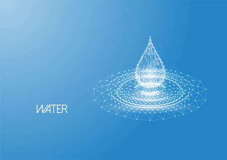 Futuristic low polygonal water drop with splash ripples made of lines, dots on blue.のイラスト素材