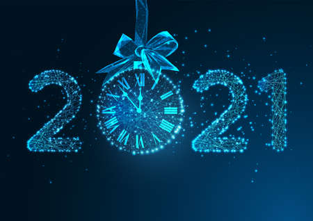 Happy New Year digital web banner with futuristic glowing low polygonal 2021 number and clock