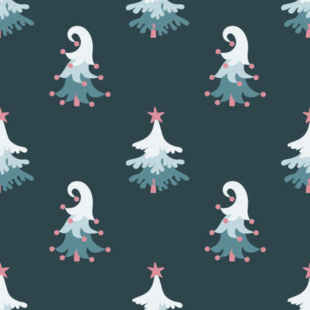 Cute christmas pine trees seamless pattern on greyish bue background.のイラスト素材