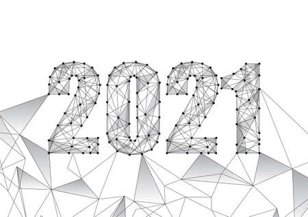 Futuristic New Year digital web banner template with black low polygonal 2021 number on white.のイラスト素材