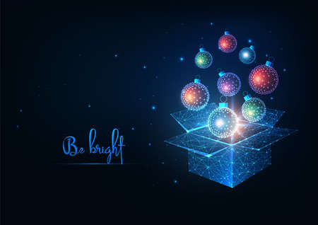 Futuristic Christmas open box with glowing low polygonal xmas baubles for the holidayのイラスト素材