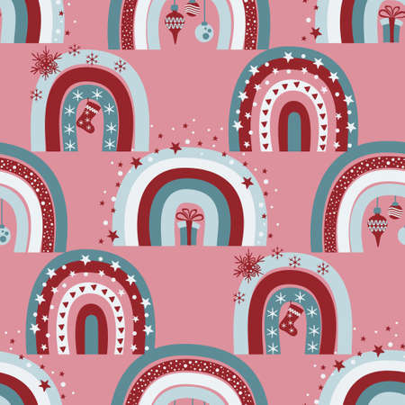 Cute christmas seamless pattern with rainbows, stars, snowflakes, xmas stockings and giftsのイラスト素材