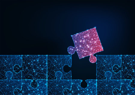 Futuristic glowing low polygonal blue jigsaw puzzle game with one red matching missing piece.のイラスト素材