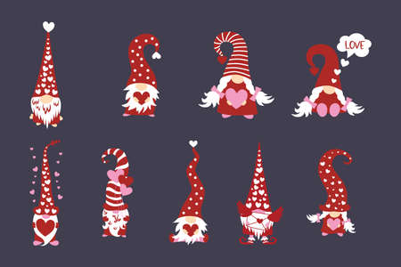 Set of Valentines Day cute scandinavian red gnomes with heartsのイラスト素材