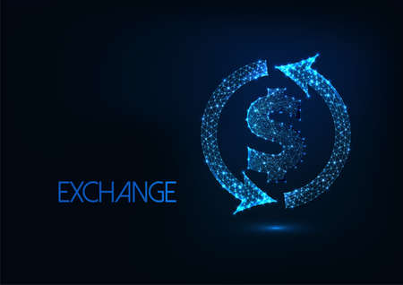 Futuristic money exchange concept with glowing low polygonal dollar sign and circle arrowwsのイラスト素材