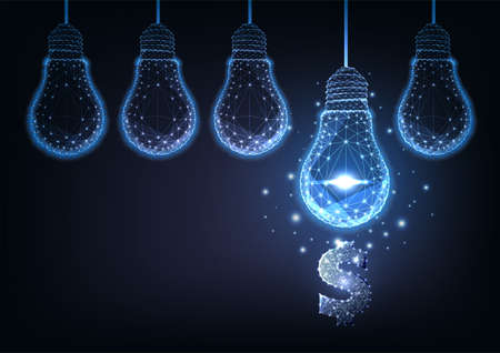 Futuristic financial business ideas concept with glowing low polygonal hanging lightbulbs and dollarのイラスト素材