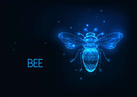 Futuristic glowing low polygonal honey bee isolated on dark blue backgroundのイラスト素材