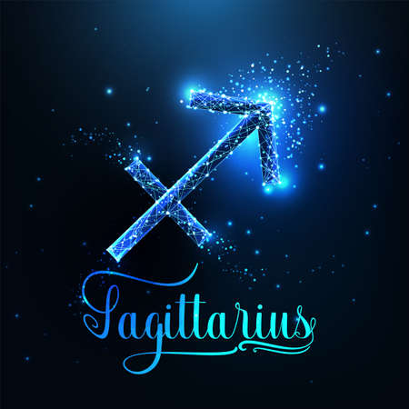 Futuristic glowing low polygonal Sagittarius zodiac sign concept on dark blue background.