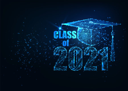 Futuristic Class of 2021 Graduation concept with glowing low polygonal graduate capのイラスト素材