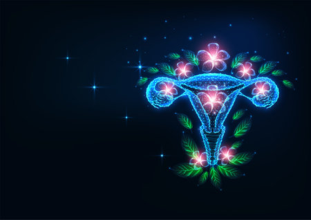 Futuristic fertility and reproductive system health care concept with glowing uterus and flowersのイラスト素材