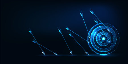 Futuristic Business challenge failure concept with glowing low polygonal arrows and targetのイラスト素材