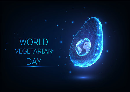 Concept of World Vegetarian Day with abstract glowing avocado and world globeのイラスト素材