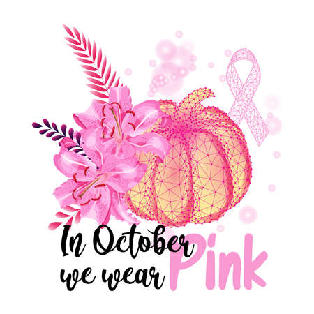 Breast cancer awareness month concept with flowers, pumpkin, pink ribbon. In October we wear pinkのイラスト素材