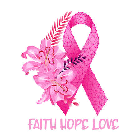 Breast cancer awareness month concept with beautiful lily flowers, pink ribbon and text Faith Hope Loveのイラスト素材