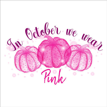 Breast cancer awareness month concept with three pumpkins and text In October we wear pinkのイラスト素材