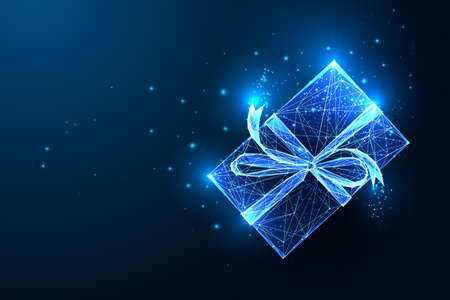 Christmas glowing gift box with ribbon bow and stars isolated on dark blue backgroundのイラスト素材