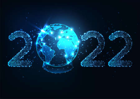 Futuristic New Year digital web banner template with glowing low polygonal 2022 number and planet...