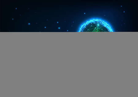 Abstract green energy concept with glowing low polygonal lightbulb and green sprout on dark blueのイラスト素材