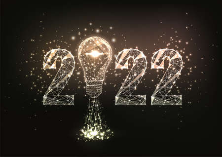 Abstract 2022 vision, startup concept banner in futuristic glowing polygonal style on blackのイラスト素材