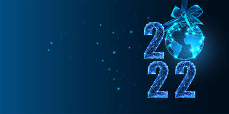 Abstract 2022 Happy New Year digital web banner template with globe map festive bauble i