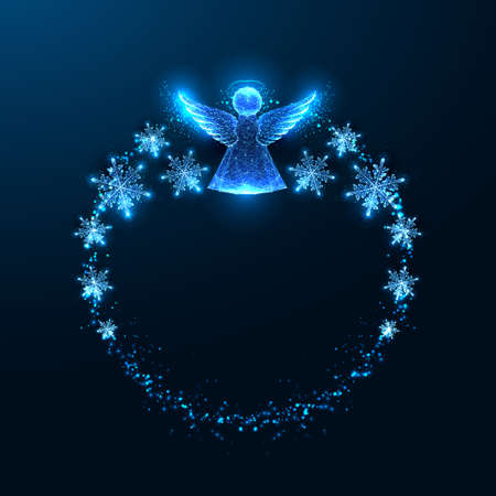 Christmas festive abstract wreath with glowing angel ornament silhouette and snowflakes on dark blueのイラスト素材