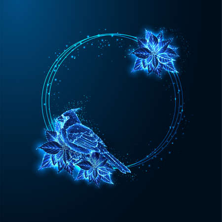 Christmas festive abstract wreath with glowing cardinal bird and poinsettia flowers on dark blueのイラスト素材