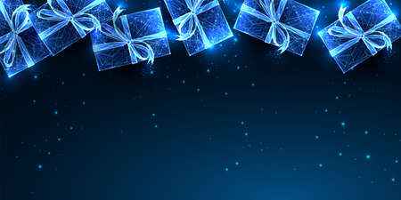 Abstract Christmas digital web banner template with glowing gift boxes and copy space on dark blueのイラスト素材
