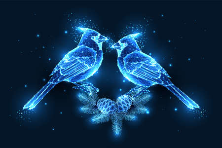 Merry Christmas digital greeting card template with couple of kissing birds and fir tree branches isolated on dark blueのイラスト素材