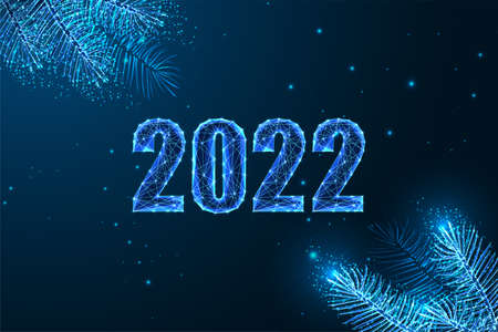 Abstract 2022 Happy New Year digital web banner template decorated by evergreen branches