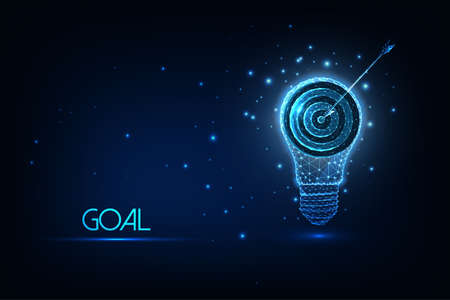 Futuristic goal, achievement concept with glowing low polygonal light bulb and target isolated on dark blueのイラスト素材