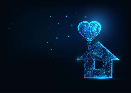 Futuristic home sweet home concept with glowing low polygonal house icon and heart isolated on dark blueのイラスト素材