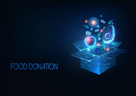Futuristic food donation concept with glowing low polygonal cardboard box with fruits and vegetablesのイラスト素材
